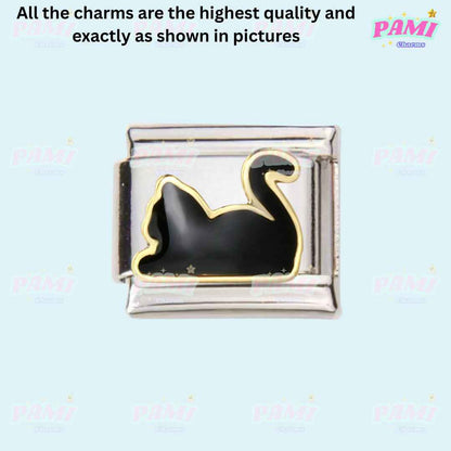 Pami Charms Italian charms with black cat design and gold outline on silver base