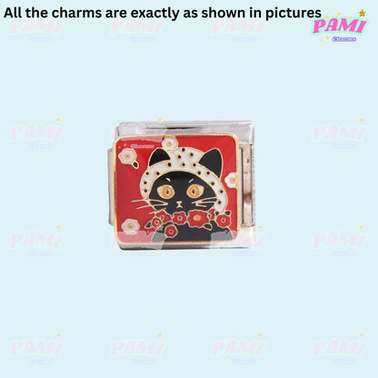Pami Charms Italian charms featuring a black cat with flowers on a red background