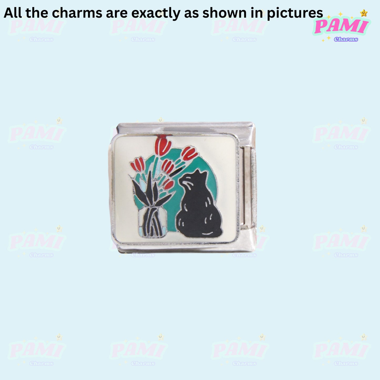 Pami Charms Italian charms with black cat and red tulip flower design on silver base