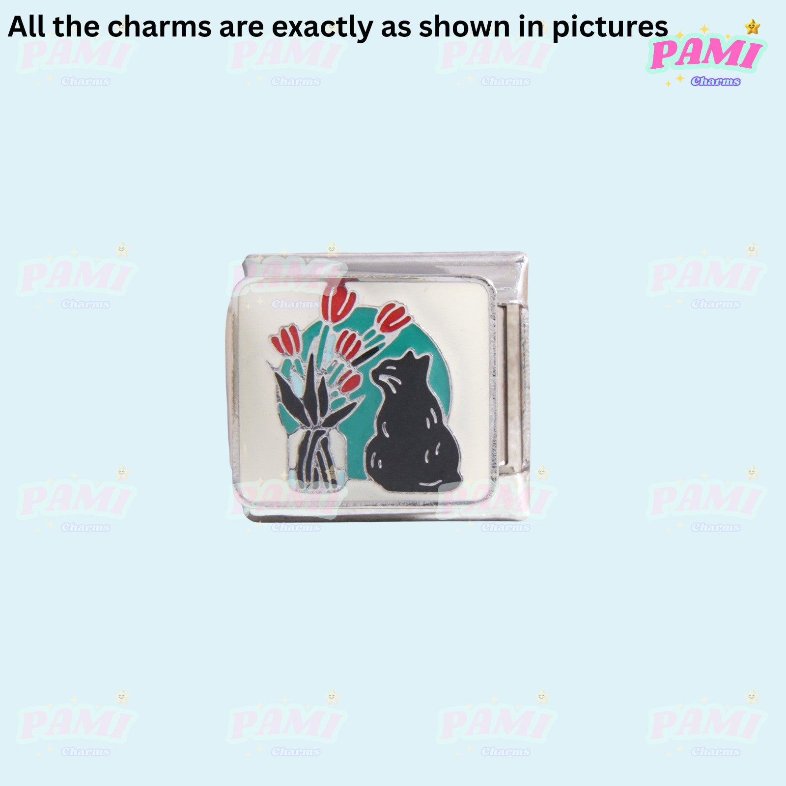 Pami Charms Italian charms featuring a silver charm with black cat and red tulips design