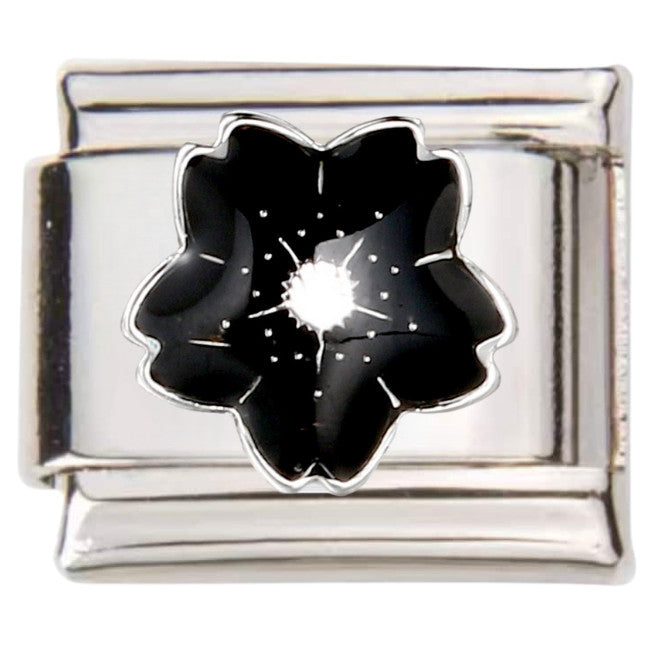 Silver Italian charms by Pami Charms with black flower design for bracelet customization