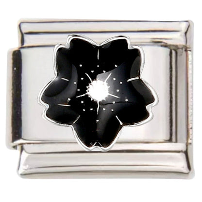 Silver Italian charms by Pami Charms with black flower design for bracelet customization