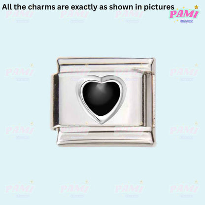 Pami Charms silver Italian charms link with black heart design for customizable bracelets