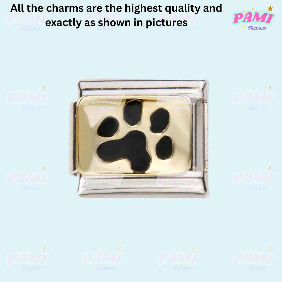 Pami Charms Italian charms black paw print on gold and silver rectangular link