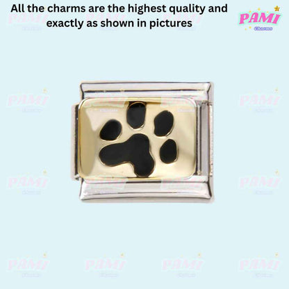 Pami Charms Italian charms black paw print on gold and silver rectangular link