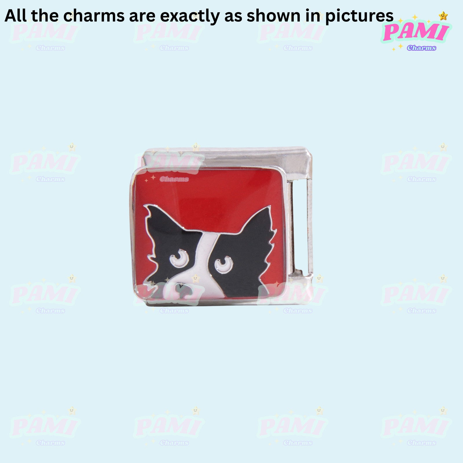 Pami Charms Italian charms with black and white dog face on red background charm link
