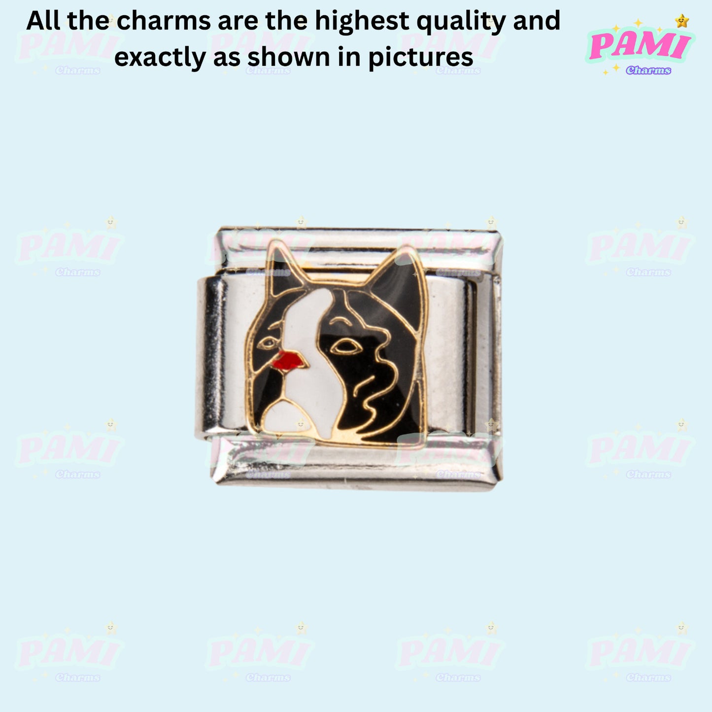 Pami Charms Italian charms with black and white dog design on silver base