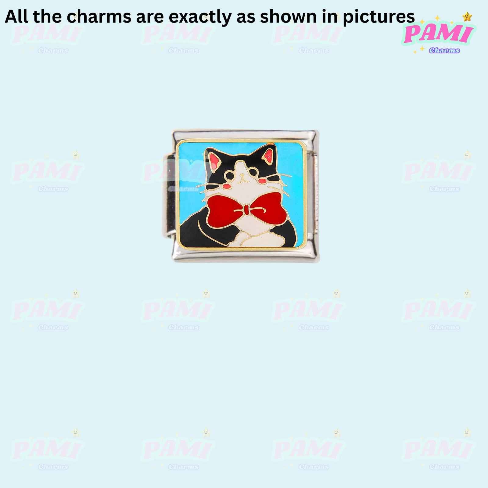 Pami Charms italian charms featuring a cat with a red bow tie on a blue background