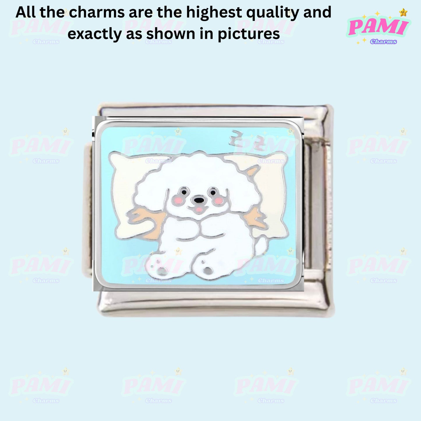 Adorable Pami Charms Italian Charms featuring a fluffy dog design on a light blue background