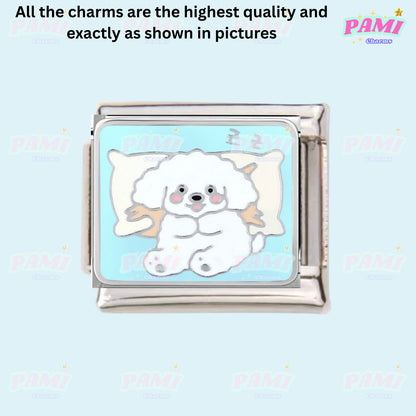 Adorable Pami Charms Italian Charms featuring a fluffy dog design on a light blue background