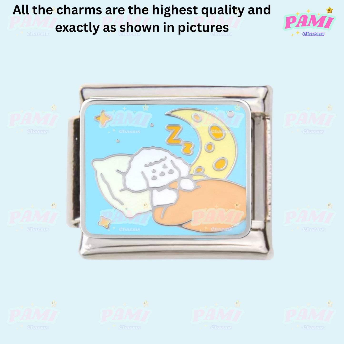 Pami Charms Italian Charms featuring a cute sleeping cat against a moonlit background