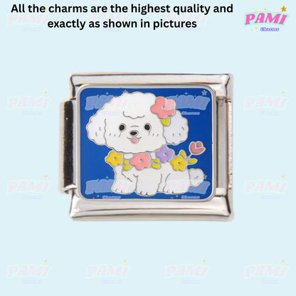 Pami Charms Italian Charms featuring a cute dog with flowers on a blue background