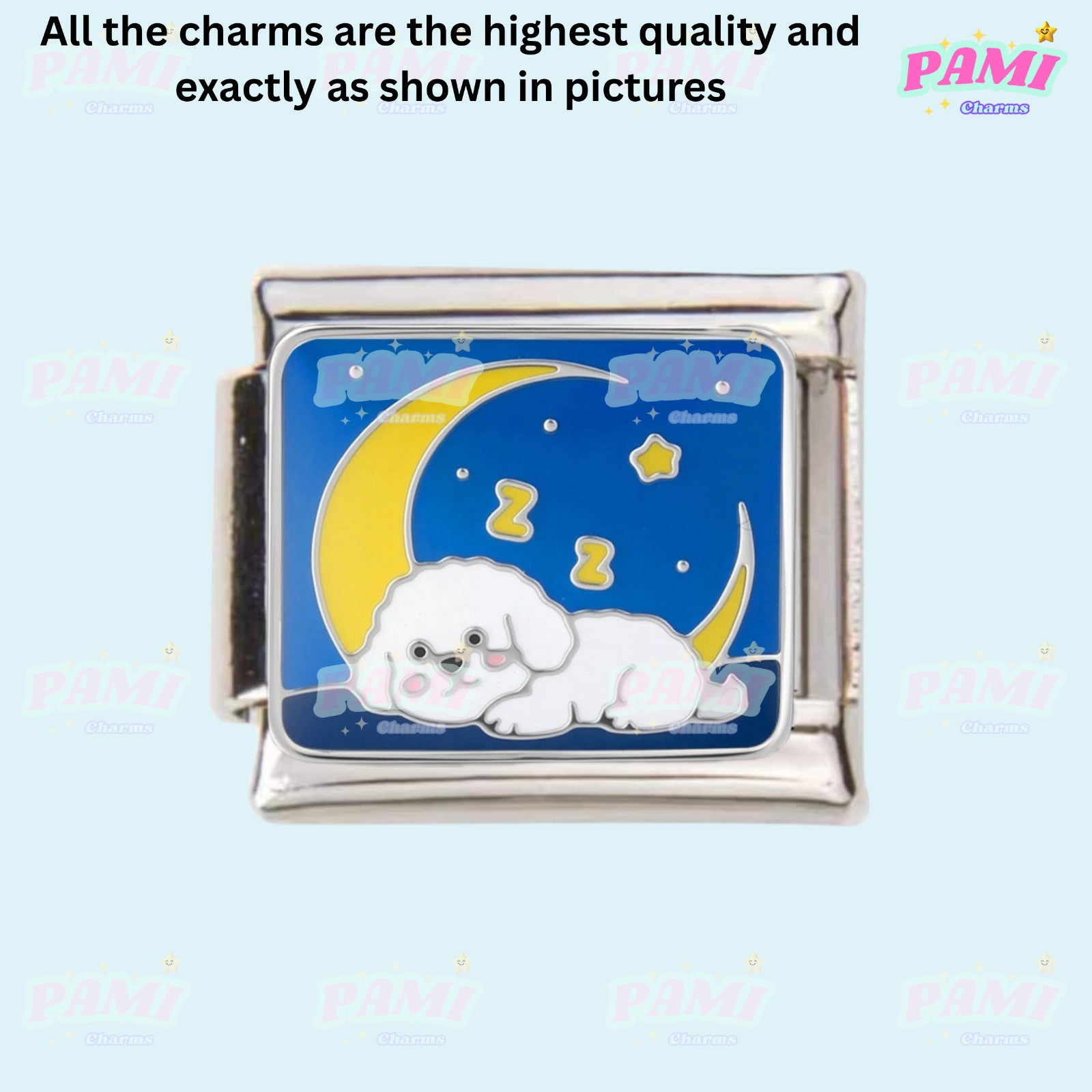 Pami Charms Italian Charms featuring a cute dog sleeping on a moon and stars design