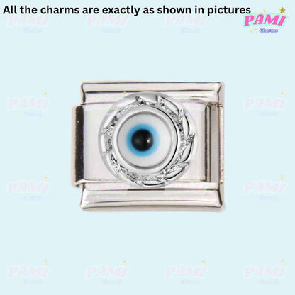 Pami Charms silver Italian charms with central blue evil eye design and decorative wreath
