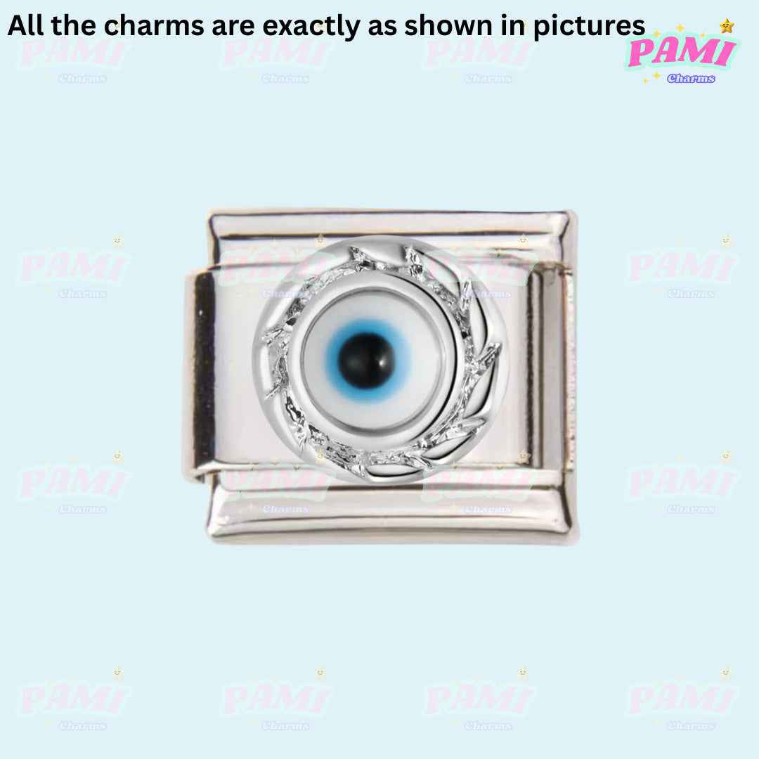 Pami Charms Italian charms silver rectangular charm with blue evil eye centre and leaf detailing