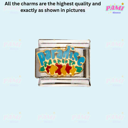 Pami Charms Italian charms featuring a silver link with colorful paradise text and star design