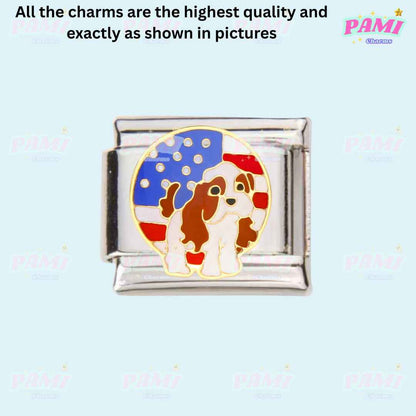 Pami Charms italian charms featuring a puppy with an American flag background on a silver link