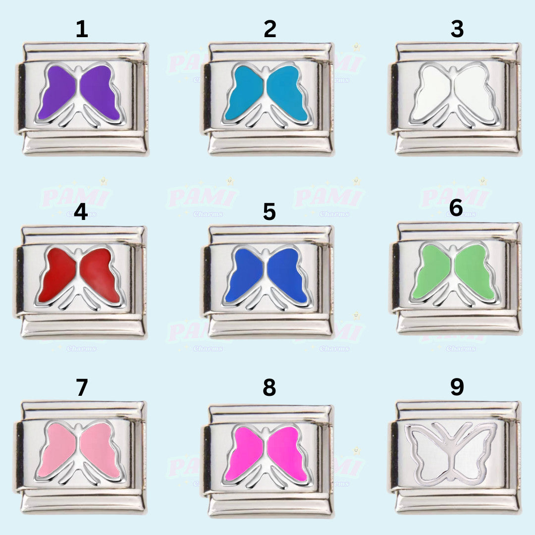 Collection of colourful butterfly italian charms by Pami Charms with multiple shades and silver frames