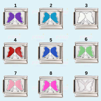 Collection of colourful butterfly italian charms by Pami Charms with multiple shades and silver frames