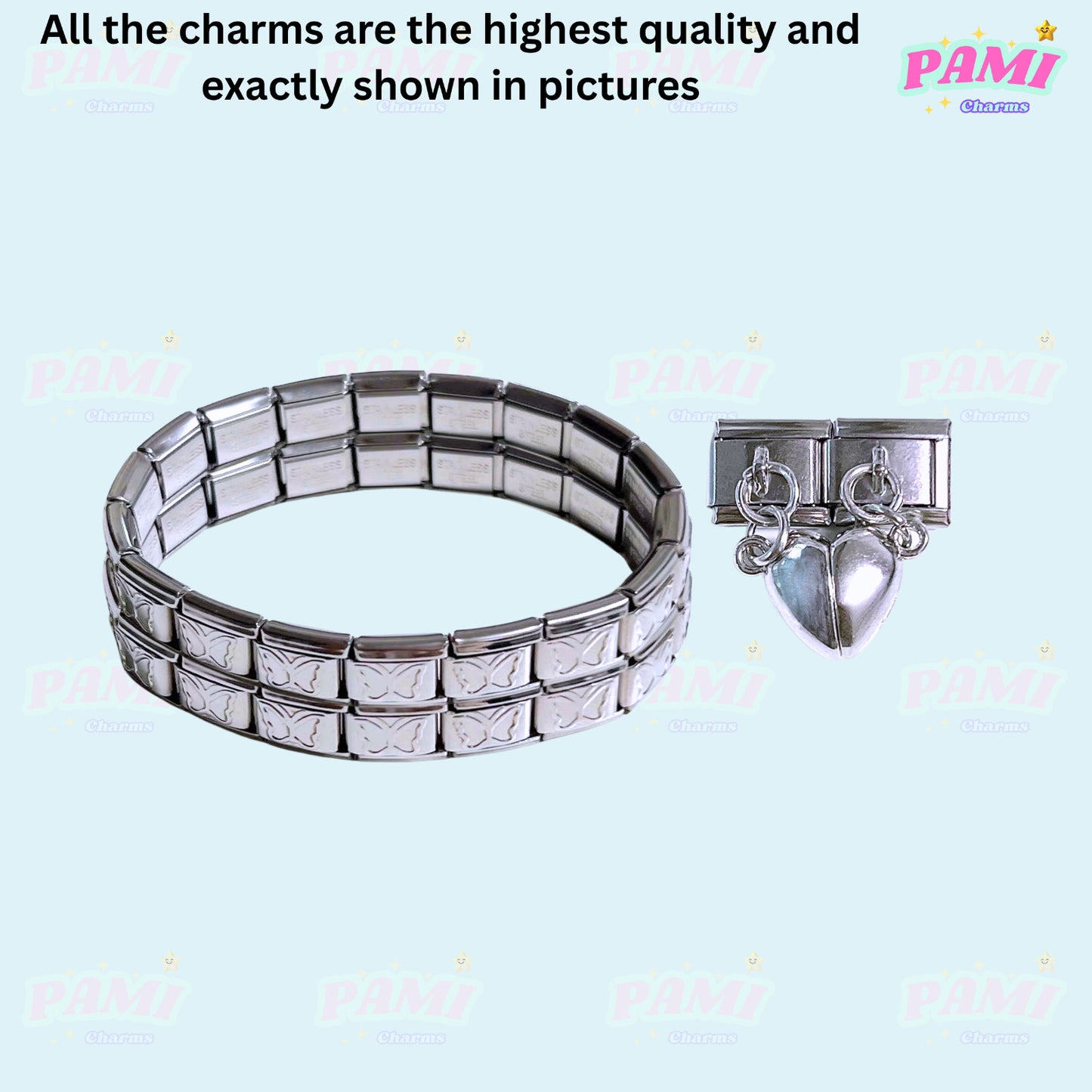Pami Charms silver Italian charms bracelet with butterfly links and heart-shaped dangling charm
