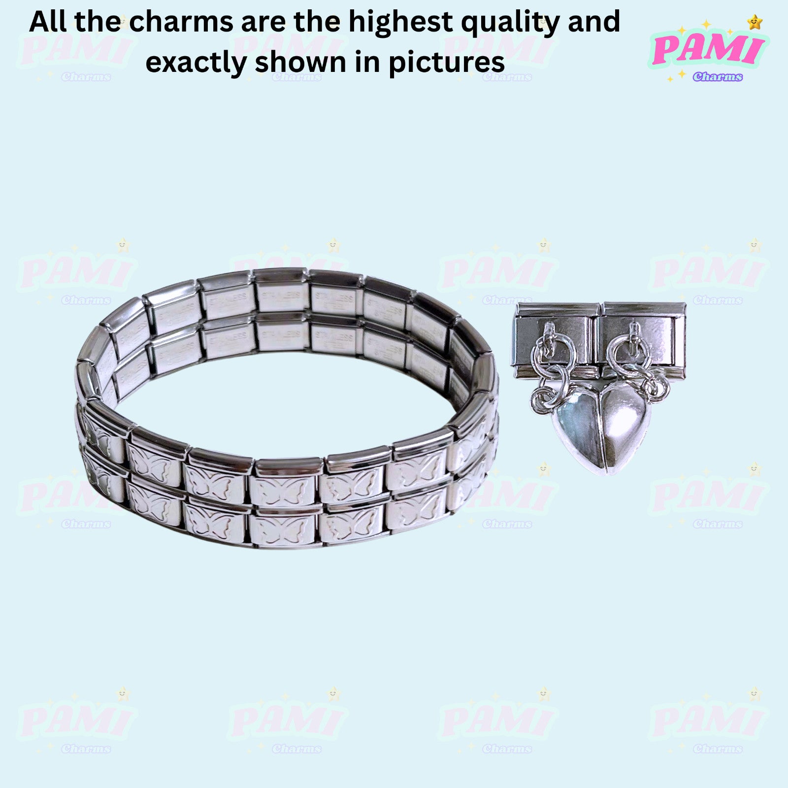 Pami Charms silver Italian charms bracelet with butterfly links and heart-shaped dangling charm