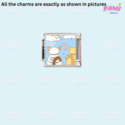 Pami Charms Italian charms featuring two cats with hearts in a blue sky background