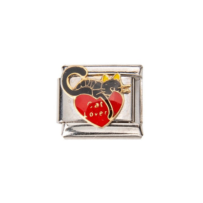 Pami Charms Cat Lover Italian Charm with Red Heart and Cute Cat Design