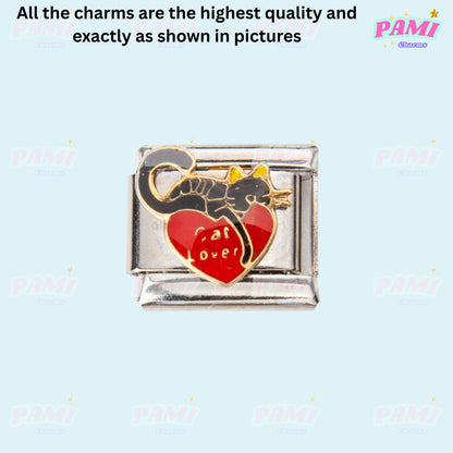 Pami Charms Italian charms cat over heart silver link charm for bracelet