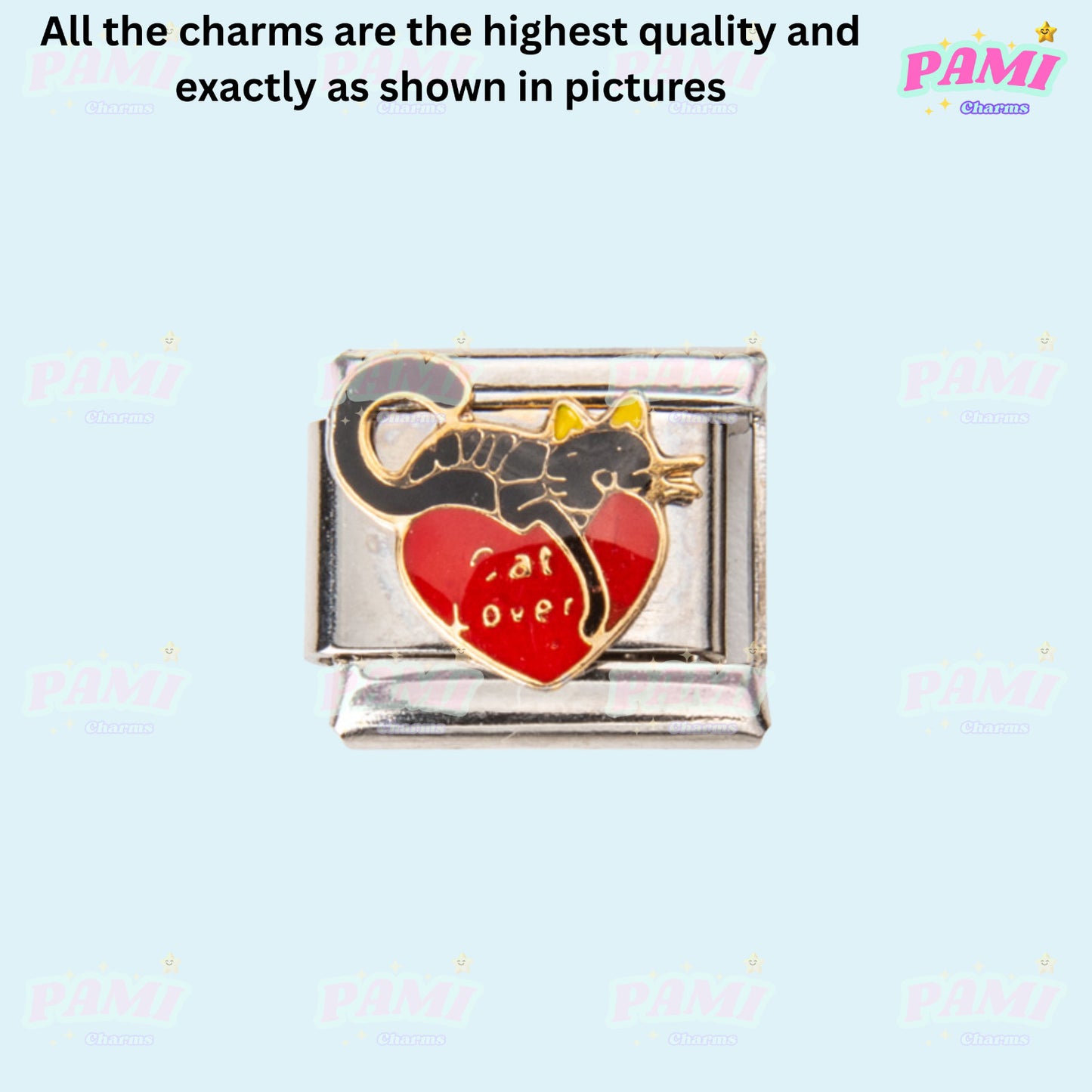 Pami Charms Italian charms featuring a cat over a red heart design on a silver link