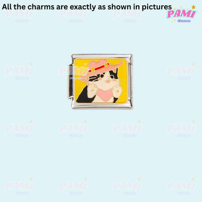 Pami Charms Italian charms featuring a square charm with a cute cat wearing a pink hat and scarf