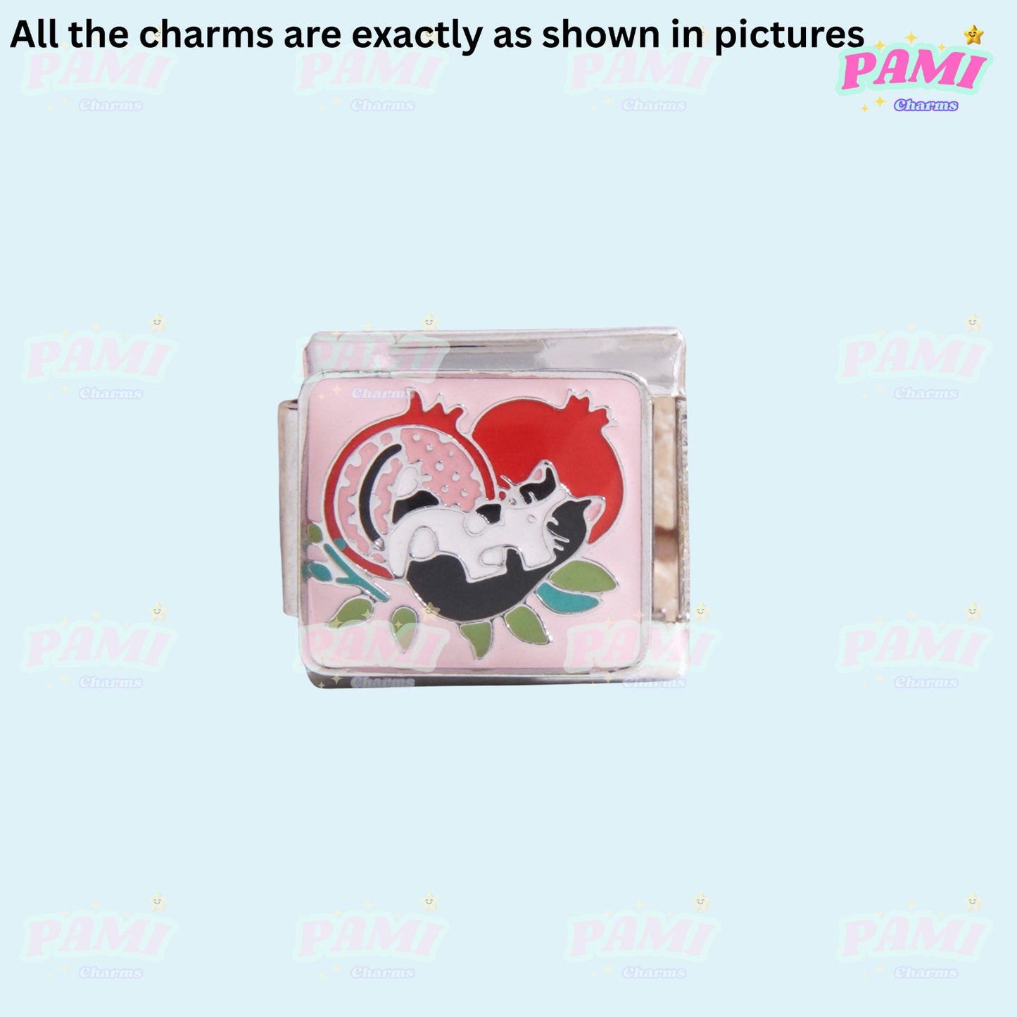 Pami Charms Italian charms featuring a cute black and white cat with pomegranate design