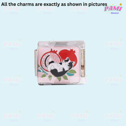 Pami Charms Italian charms featuring a cute black and white cat with pomegranate design