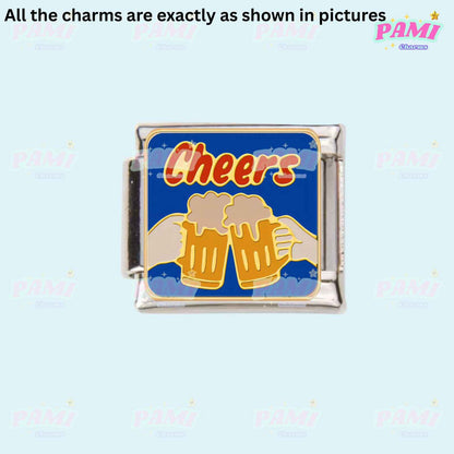 Pami Charms Italian charms beer mugs clinking with cheers text on blue background