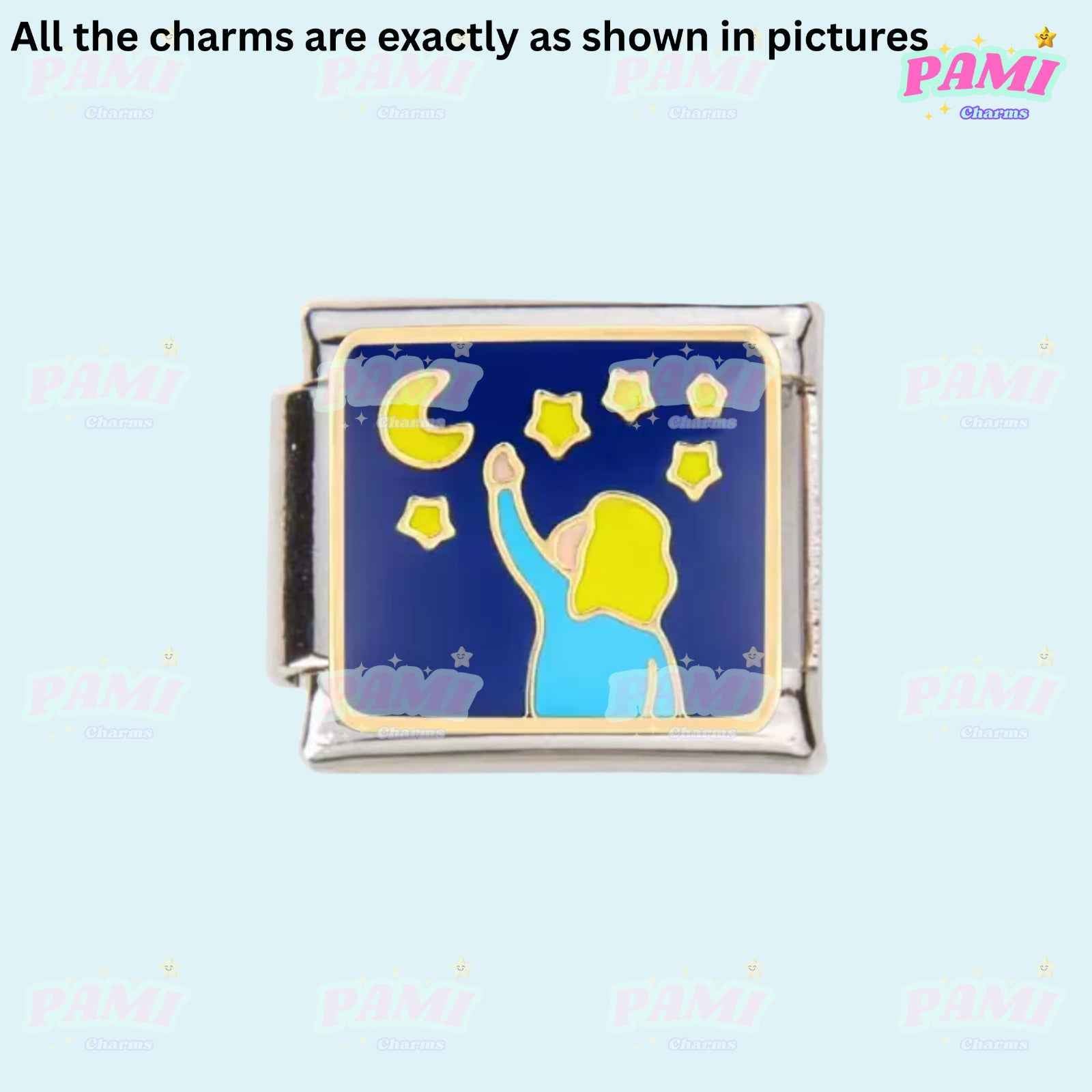Pami Charms Italian charms featuring a girl reaching for stars and moon on dark blue background