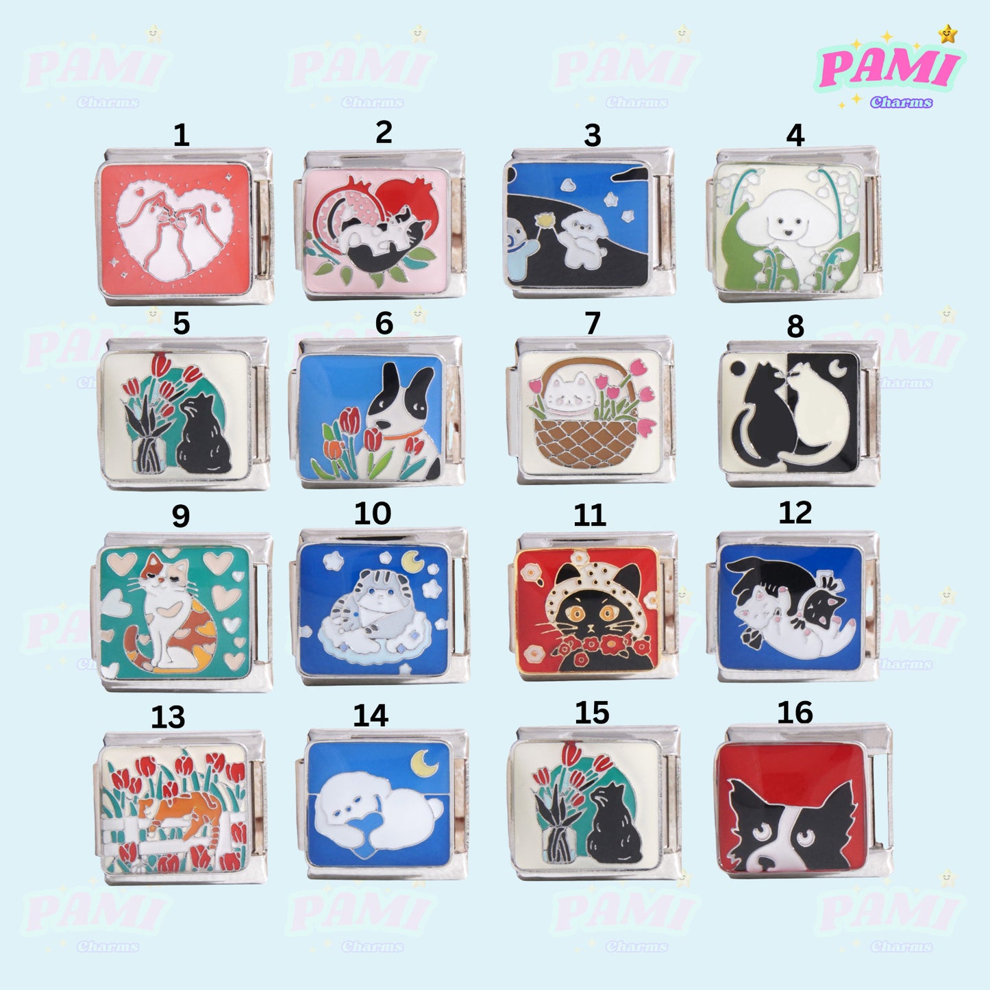 Pami Charms italian charms featuring 16 cute animal and floral designs in colourful enamel squares