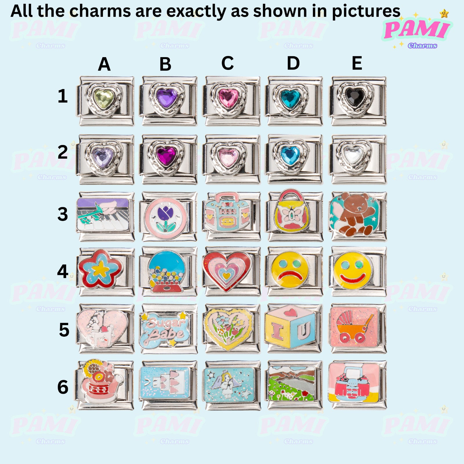 Pami Charms collection of colourful Italian charms featuring various designs and styles