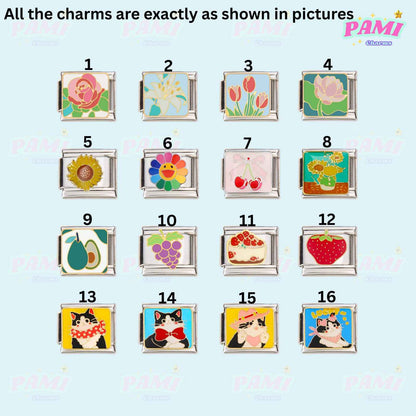 Italian charms by Pami Charms featuring colorful floral, fruit, and cat designs in square frames