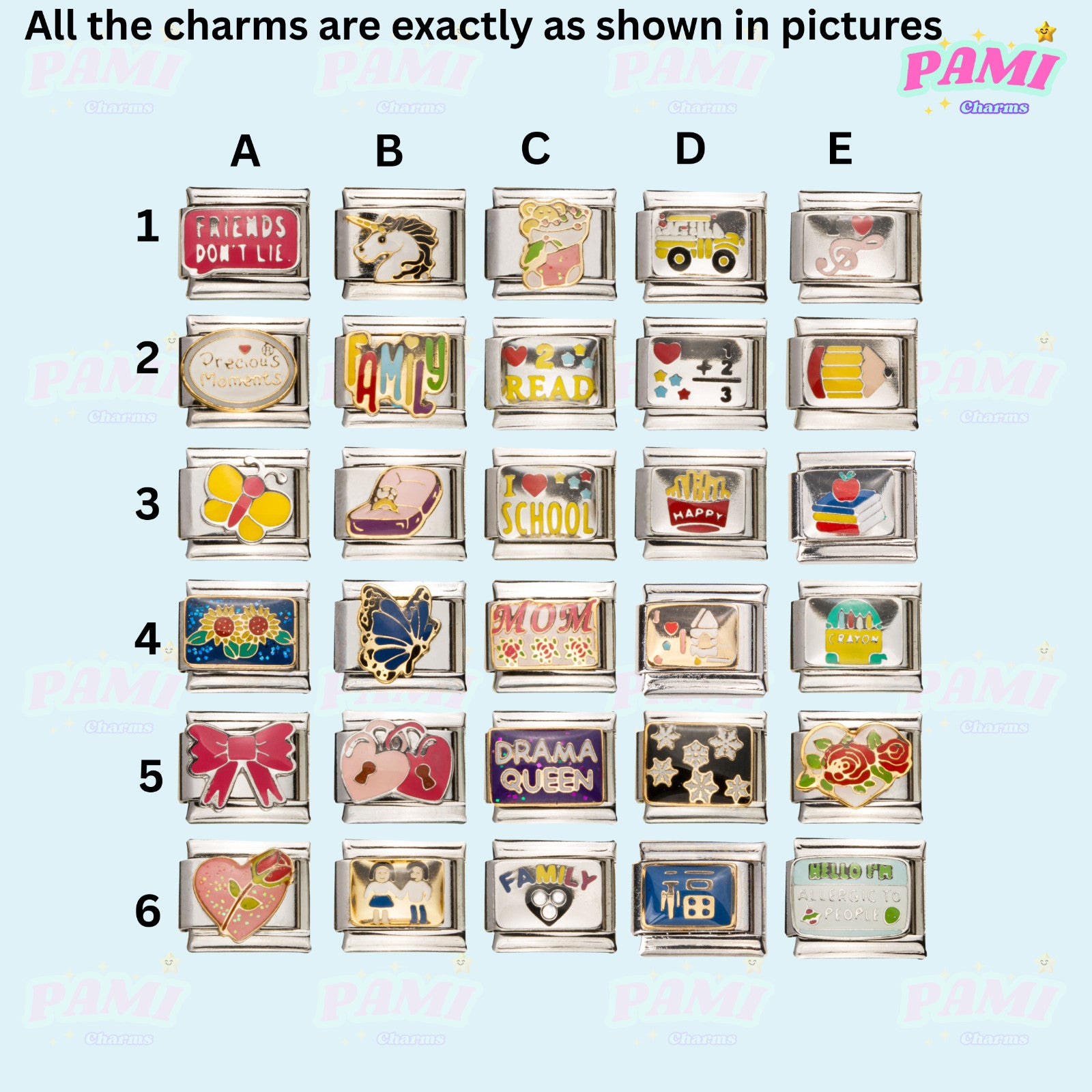 Variety of Pami Italian charms displayed in a grid, showcasing unique designs and themes for charm bracelets