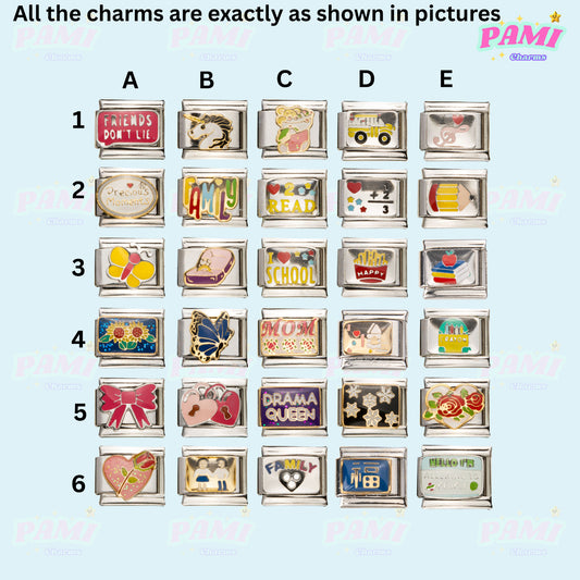 Variety of Pami Italian charms displayed in a grid, showcasing unique designs and themes for charm bracelets