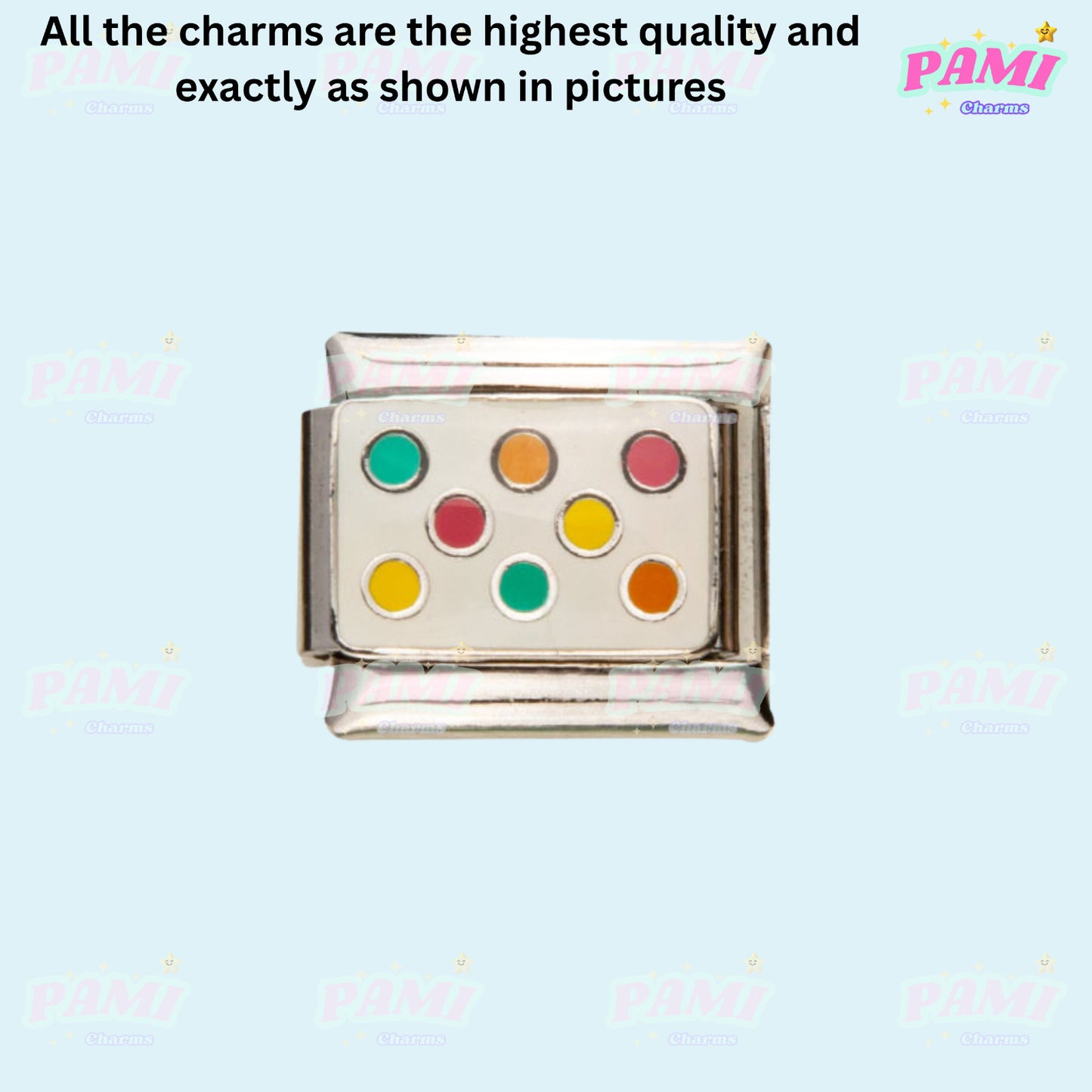 Pami Charms Italian charms with colorful dots on silver rectangular base