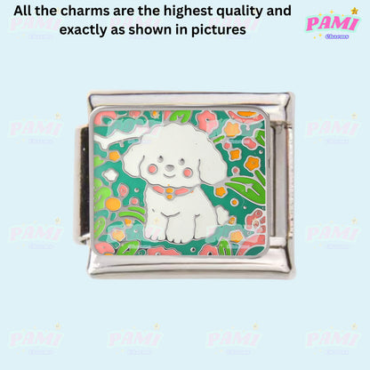 Pami Charms Italian Charms with Colourful Dog Design on a Floral Background