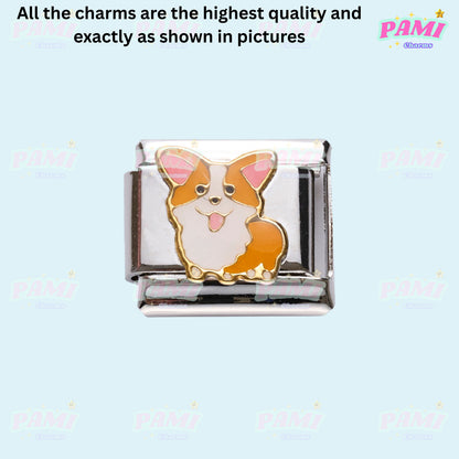 Pami Charms Italian charms featuring a cute enamel corgi dog on a silver base