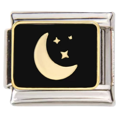 Pami Charms silver and gold moon and stars italian charms with black background