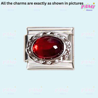 Pami Charms italian charms silver link with red oval gemstone detailed border