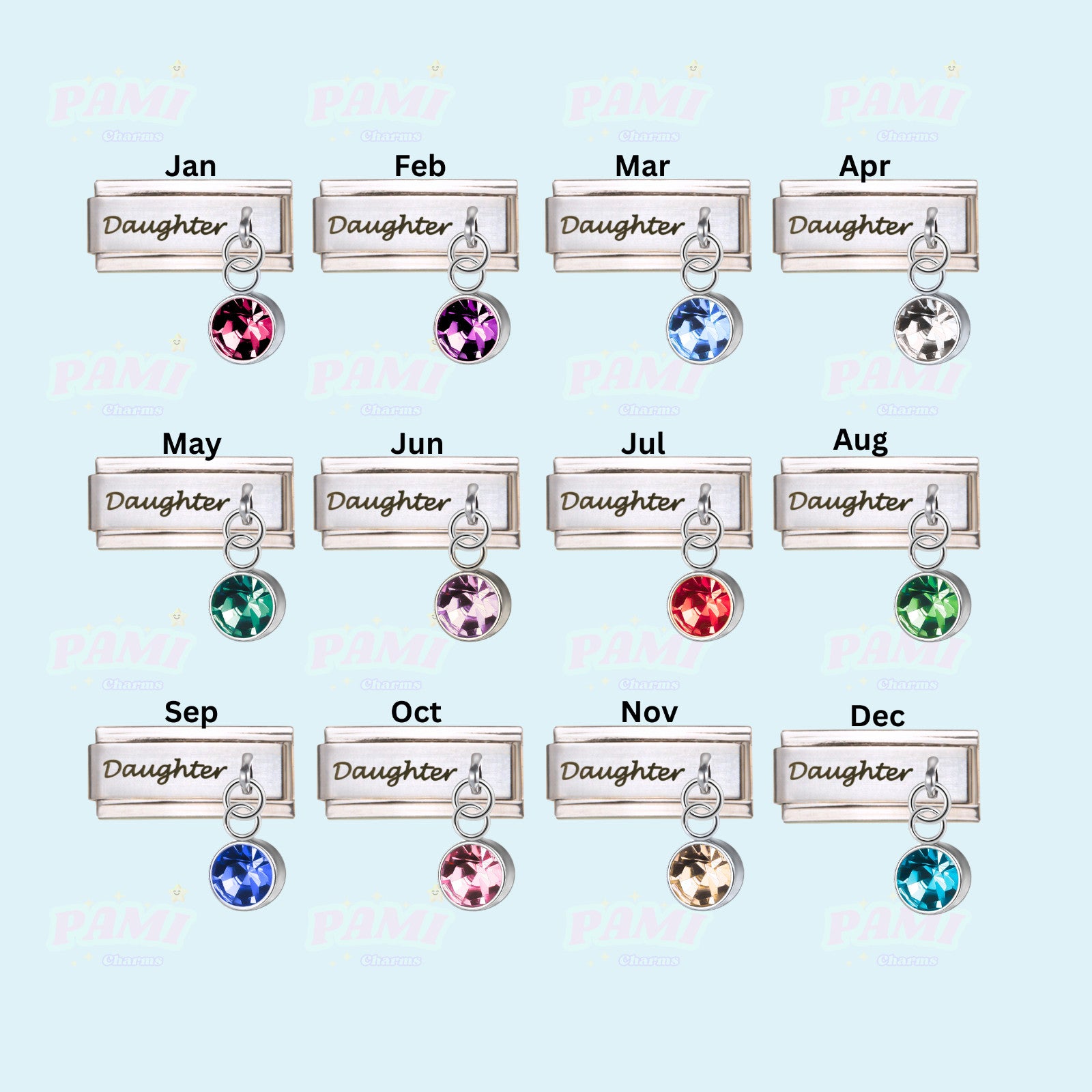 Pami Charms italian charms collection with Daughter nameplate and birthstone for each month