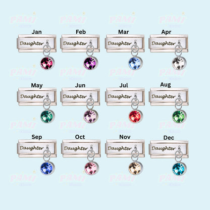 Pami Charms italian charms collection with Daughter nameplate and birthstone for each month
