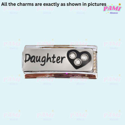 Pami Charms Italian charms silver link with Daughter inscription and heart with crystals