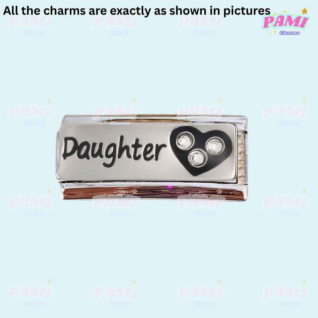 Pami Charms Italian charms silver bracelet link with Daughter text and heart design