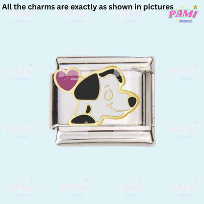 Pami Charms Italian charms featuring a silver link charm with a cute dog and heart design