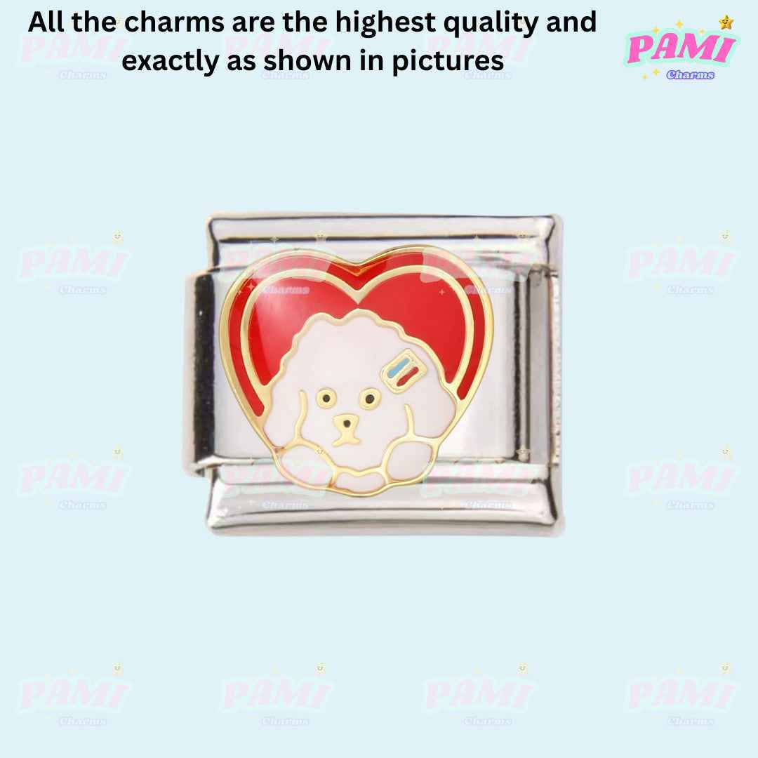 Pami Charms Italian charms featuring a cute white poodle with a red heart background